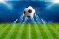 Soccer ball, bright spotlights, illuminates green soccer stadium Royalty Free Stock Photo