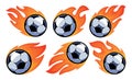 Soccer ball in burning fire flames set. Football emblem or sports mascot. Sport game symbol vector illustration Royalty Free Stock Photo