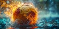 A soccer ball is burning with flames while submerged in water Royalty Free Stock Photo