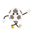 Soccer ball cartoon retro mascot. Football groovy character with victory sign. Rubber hose animation style cartoon sport equipment Royalty Free Stock Photo