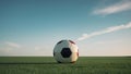 Soccer Ball Centered in Open Field Under Blue Sky. Royalty Free Stock Photo
