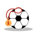 Soccer ball with championship winner medal. Football game attributes for postcard, logo or design. Flat illustration