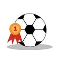 Soccer ball with championship winner medal. Football game attributes for postcard, logo or design. Flat illustration