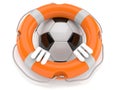 Soccer ball character inside life buoy