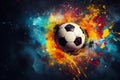 Soccer ball circled by vibrant paint splashes in a world of color
