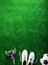 Soccer ball, cleats and trophy against green artificial turf Royalty Free Stock Photo