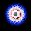 Soccer ball close-up in colors burst. Football equipment Isolated on black background. Cartoon style
