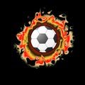 Soccer ball close-up in flames of fire. Football equipment Isolated on black background. Cartoon style Royalty Free Stock Photo