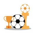 Soccer ball with a cup and a winner statuette. Football game attributes for postcard, logo or design. Flat illustration