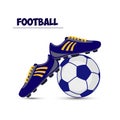 Soccer ball and dark blue football boots, on white background,