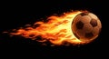 A soccer ball is depicted with flames trailing behind it, creating a Royalty Free Stock Photo