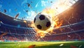 Soccer ball exploding through stadium net with fire and debris during intense game Keywords: soccer, football, goal Royalty Free Stock Photo