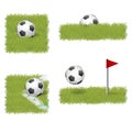 Soccer ball on field with green grass and white line. Vector realistic background . Royalty Free Stock Photo