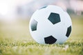 Soccer, ball and field ready for kickoff, game time or match start in sports, athletics or tournament in the outdoors Royalty Free Stock Photo