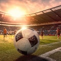 Soccer ball on the field of stadium at sunset. Football background. Generative AI. Royalty Free Stock Photo