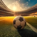 Soccer ball on the field of stadium at sunset. Generative AI. Royalty Free Stock Photo