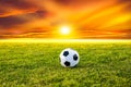 Soccer ball on the field with sunset