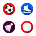 A soccer ball, figure skating skates, a shuttlecock for a badminton, a ball for volleyball. Sport set collection icons Royalty Free Stock Photo