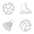 A soccer ball, figure skating skates, a shuttlecock for a badminton, a ball for volleyball. Sport set collection icons Royalty Free Stock Photo