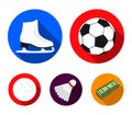 A soccer ball, figure skating skates, a shuttlecock for a badminton, a ball for volleyball. Sport set collection icons Royalty Free Stock Photo