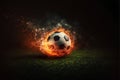 Soccer ball in fire flames on green grass. 3d illustration Royalty Free Stock Photo