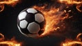 soccer ball in fire A flaming football flying through the air, with a trail of smoke and sparks