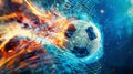 Soccer ball with fire in goal net bending blue with light bursts Royalty Free Stock Photo