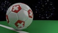 Soccer ball with the flag of Switzerland crosses the goal line under the salute, 3D rendering.