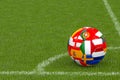 Soccer ball with flags in the corner of football field, 3D rendering Royalty Free Stock Photo