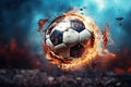 Soccer ball with flame of fire flying over a stadium. Footbal concept. Royalty Free Stock Photo