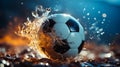Soccer ball flicked up player showcases skills. Soccer ball flies after a striking hit. Soccer ball finds the back of Royalty Free Stock Photo