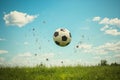 Soccer ball flies through, soccer ball is seen flying through the air Royalty Free Stock Photo