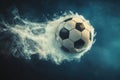 Soccer ball flies through, soccer ball is seen flying through the air Royalty Free Stock Photo
