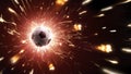 Soccer ball in fly. Soccer background with fire sparks in action on the black. Panorama