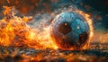 A soccer ball is flying through a field of fire by AI generated image Royalty Free Stock Photo