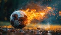 A soccer ball is flying through a field of fire by AI generated image Royalty Free Stock Photo