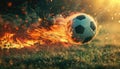 A soccer ball is flying through a field of fire by AI generated image Royalty Free Stock Photo