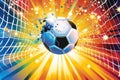 Soccer ball flying into the goal with a burst of colorful stars, victory concept Royalty Free Stock Photo
