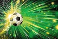 Soccer ball flying into goal with a glowing net and burst of starlight, winning concept Royalty Free Stock Photo