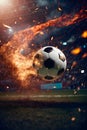 the burning soccer ball flies into the goal with strong energy