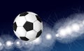 Soccer ball flying over the evening sky in the light of spotlights and flashes of a football stadium. Vector