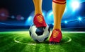 2018 Soccer ball on Football Arena with a part of the foot of a football player. Royalty Free Stock Photo