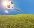 Soccer ball football clasic  on the grass lawn sky clouds shoot and score goals  - 3d rendering Royalty Free Stock Photo