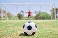 Soccer ball, football field and goalkeeper ready for defense to stop goals for penalty kick game on soccer field, grass Royalty Free Stock Photo
