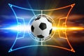 Soccer ball, football field layout, bright blue and red lights Royalty Free Stock Photo