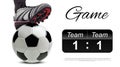 Soccer ball with football player feet on it abd scoreboard Royalty Free Stock Photo