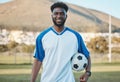 Soccer ball, football player or portrait of black man with smile in sports training, game or match on pitch. Happy Royalty Free Stock Photo