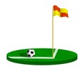 Soccer ball with fottball coner flag on pole on green field. Soccer field borders marked with flag. Active lifestyle. Isometric