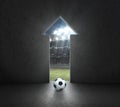 Soccer ball in front of bright big shining door. champion concept and the path to success