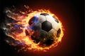 A soccer ball frying through the air with blazing fire trail on background. Generative AI